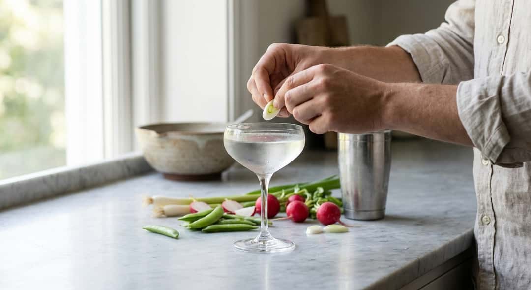 Vårløk, reddiker og sukkererter spredt utover en marmorbenk ved siden av en cocktailshaker, naturlig dagslys
