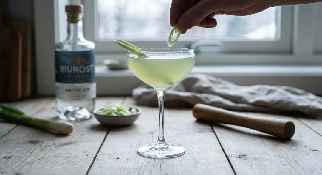 Vårløk Gimlet i coupetteglass på treverk, vårløkstrimmel som garneringsdetalj, (Bivrost Arctic Gin)