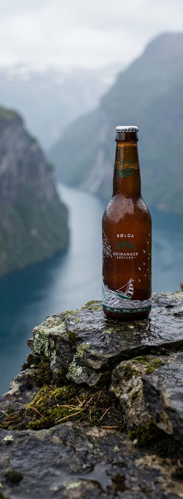 – Flaske Geiranger Bryggeri Bølga IPA på steinfjell med fjordlandskap i bakgrunnen