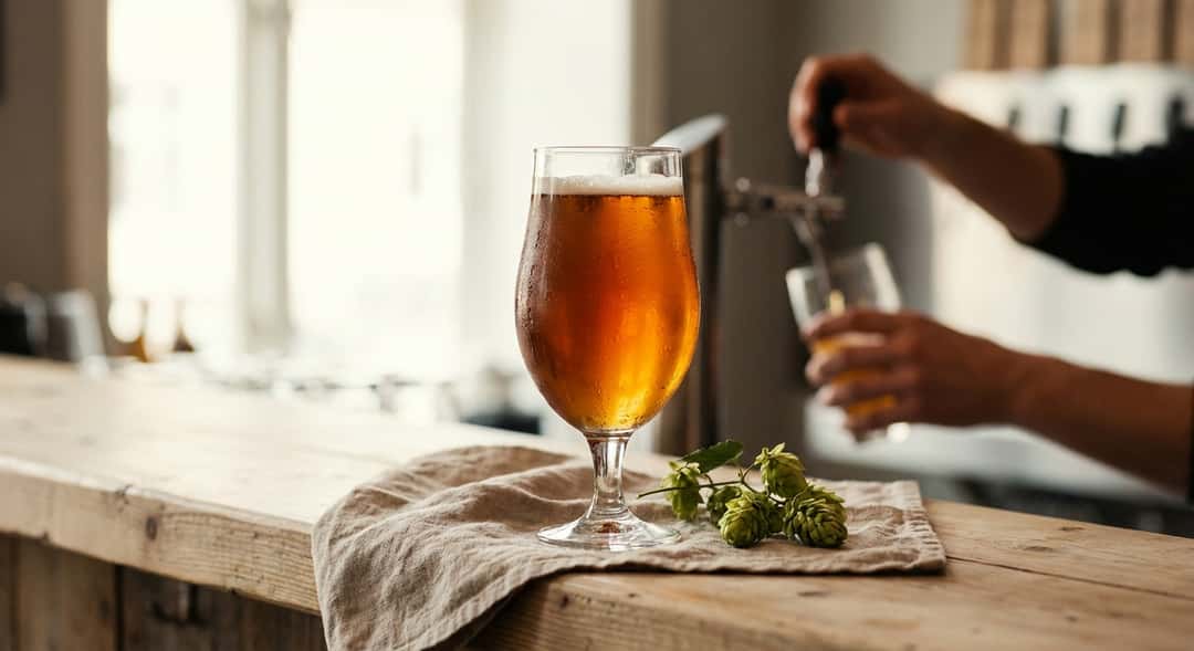 – Glass med Fyr og Flamme IPA, kondens på glassveggene, bryggeriets bakgrunn uskarp (Haandbryggeriet Fyr og Flamme IPA)