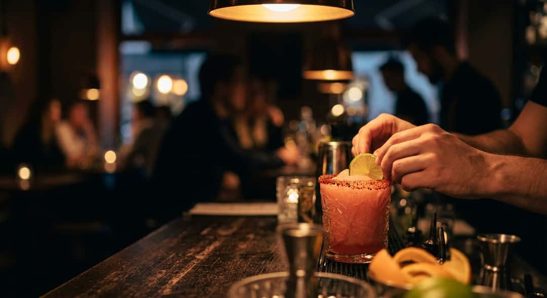 A glass of watermelon slushy topped with a tajín rim and a lime slice, served on a wooden table outside in the sun
