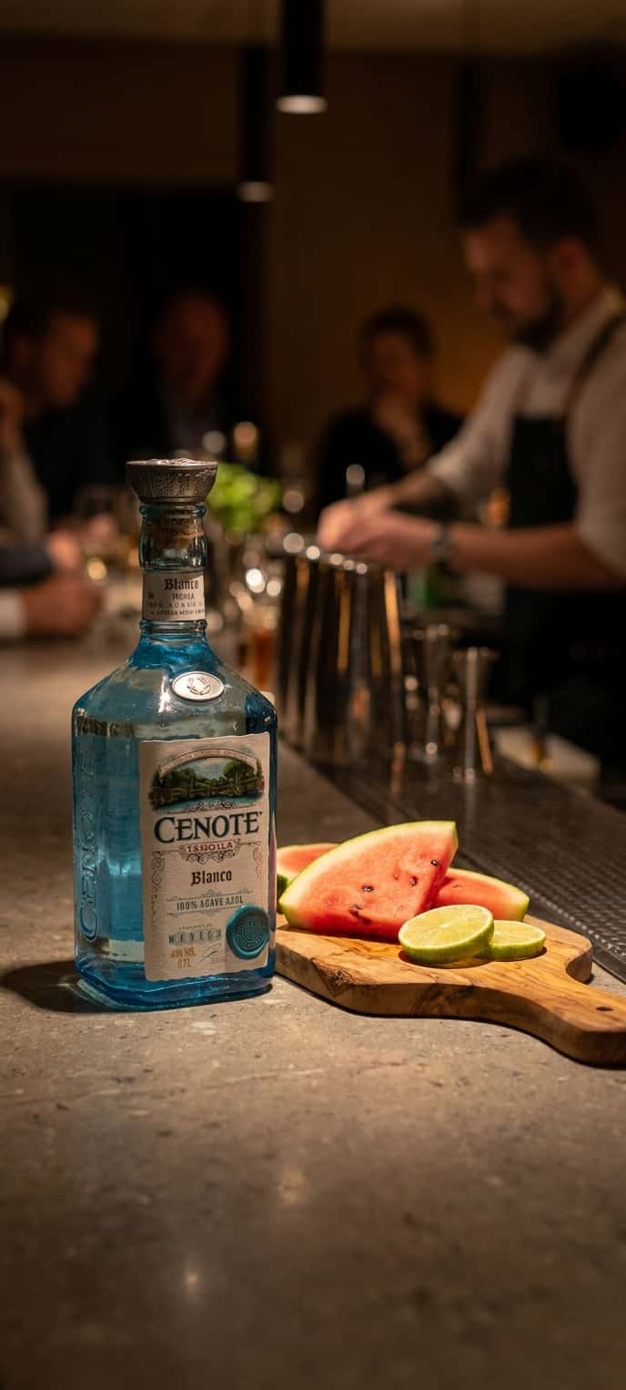 A bottle of Cenote Tequila Blanco () placed next to a cutting board with fresh watermelon and lime