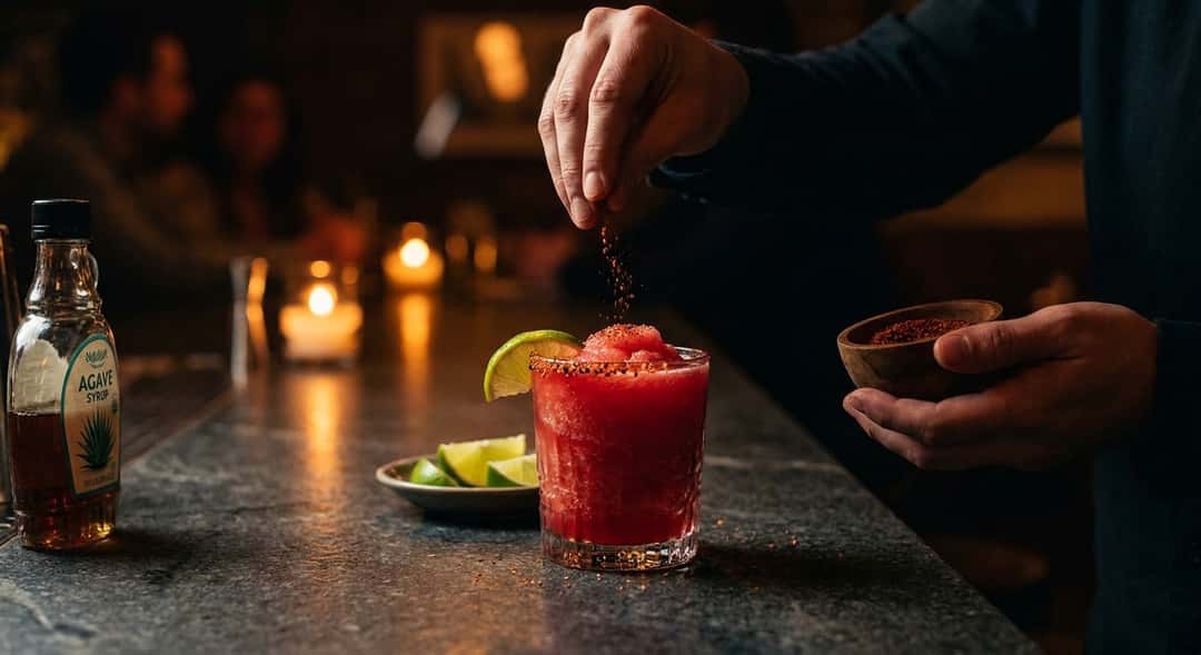 Close-up of a hand sprinkling tajín on the rim of a glass with red slushy inside