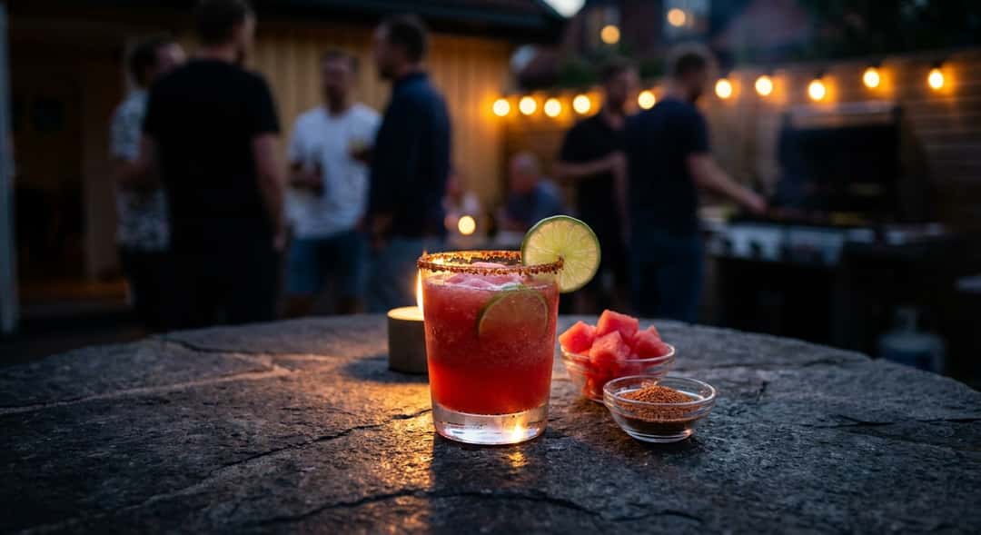 Four glasses of watermelon slushy with tajín rims and lime slices on an outdoor furniture table, with people and barbecue food in the background