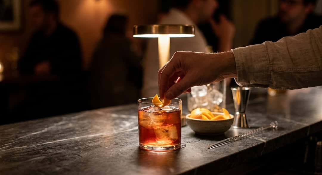 Ett glas röd vermouth över is med apelsinskal, serverat på en marmorbordsskiva i varmt eftermiddagsljus (Cocchi Vermouth