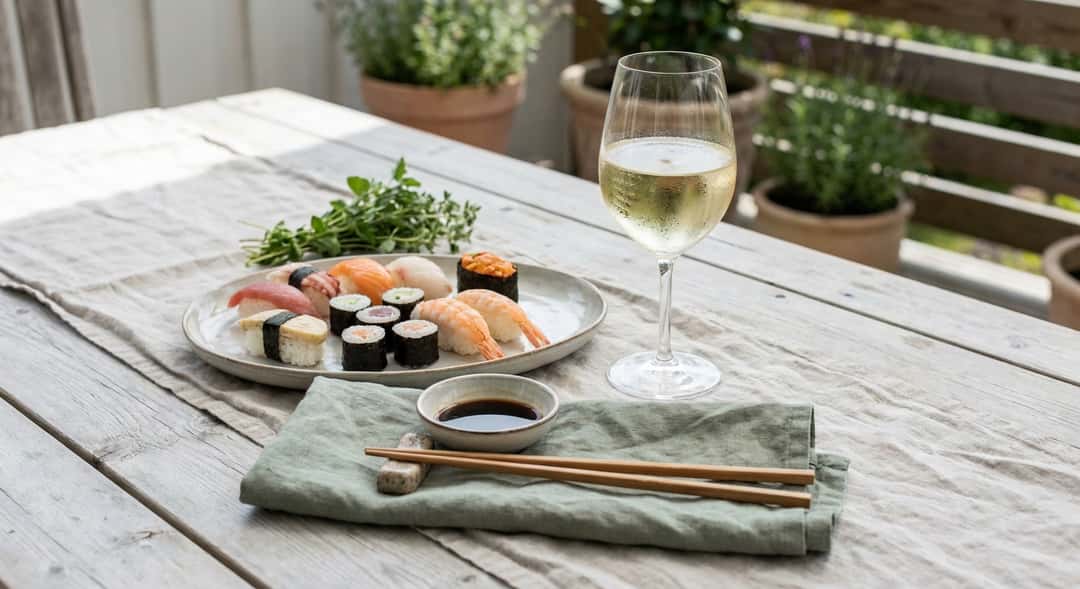 Et sushi-brett med nigiri og maki på ett fat, ved siden av et kaldt glass hvitvin med kondens på utsiden, sommerlig uten