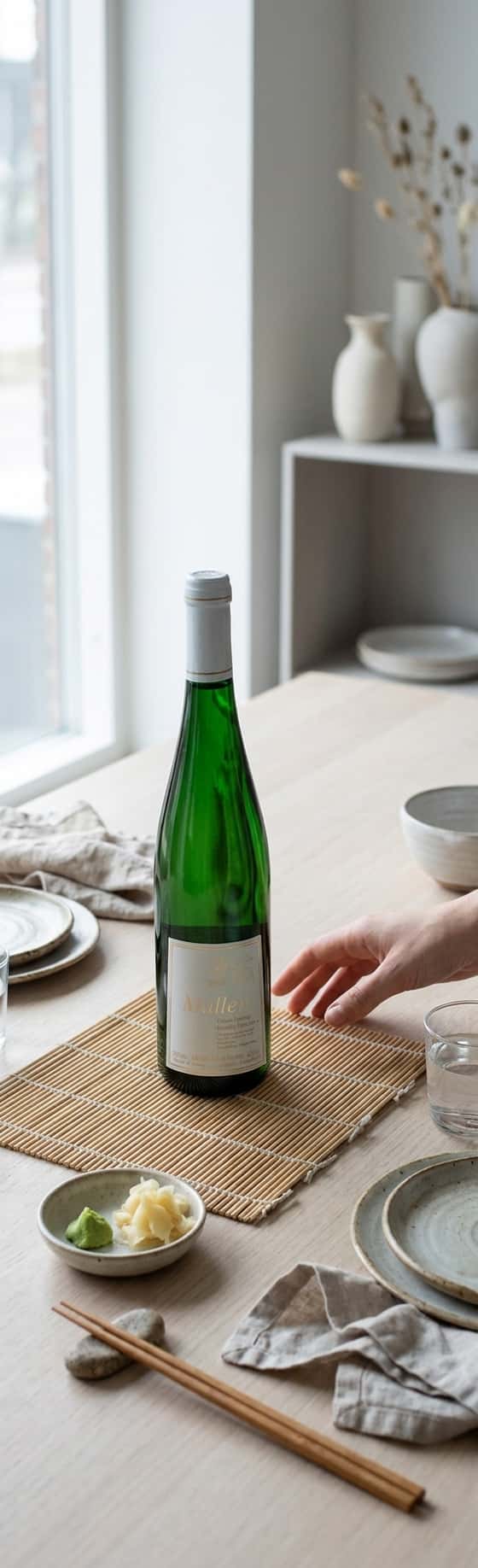 En flaske Martin Müllen Kröver Letterlay Riesling Spätlese på en sushimatte med wasabi og ingefær i forgrunnen, (Martin