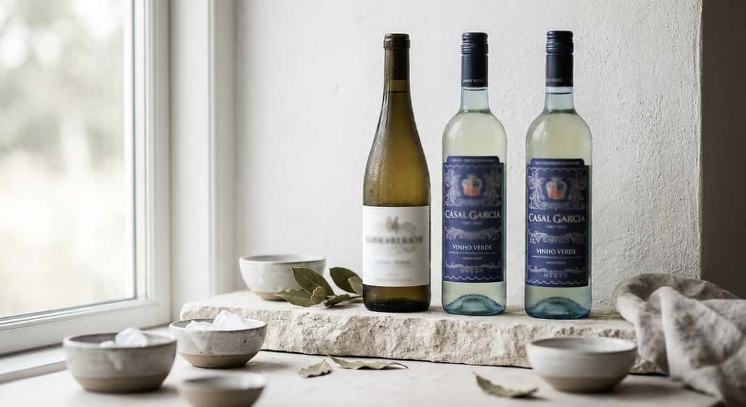 Tre olika flaskor Vinho Verde uppställda bredvid varandra mot en vit vägg, med fokus på etiketterna – , , (Casal Ga
