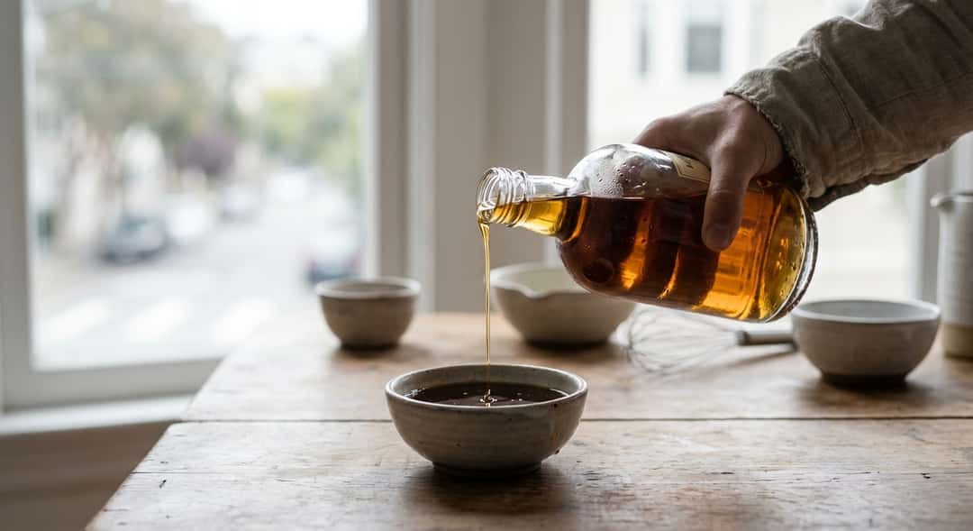 Nærbilde av whisky som dryppes fra en flaske inn i en liten bolle med lønnesirup, gyllent morgenlys gjennom vinduet