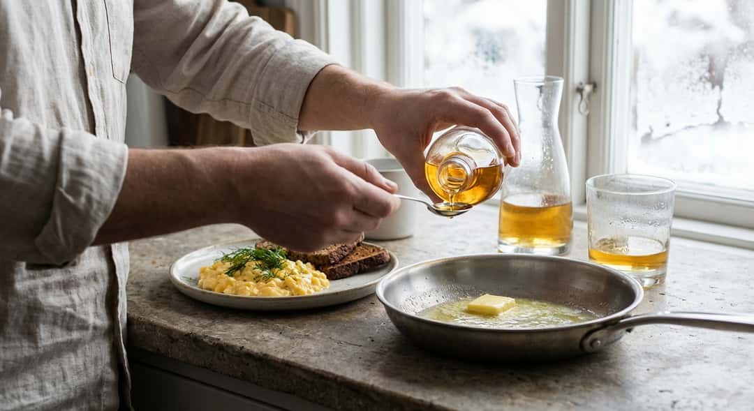 Tallerken med kremet eggerøre toppet med frisk dill og havsalt, ved siden av mørkt ristet brød