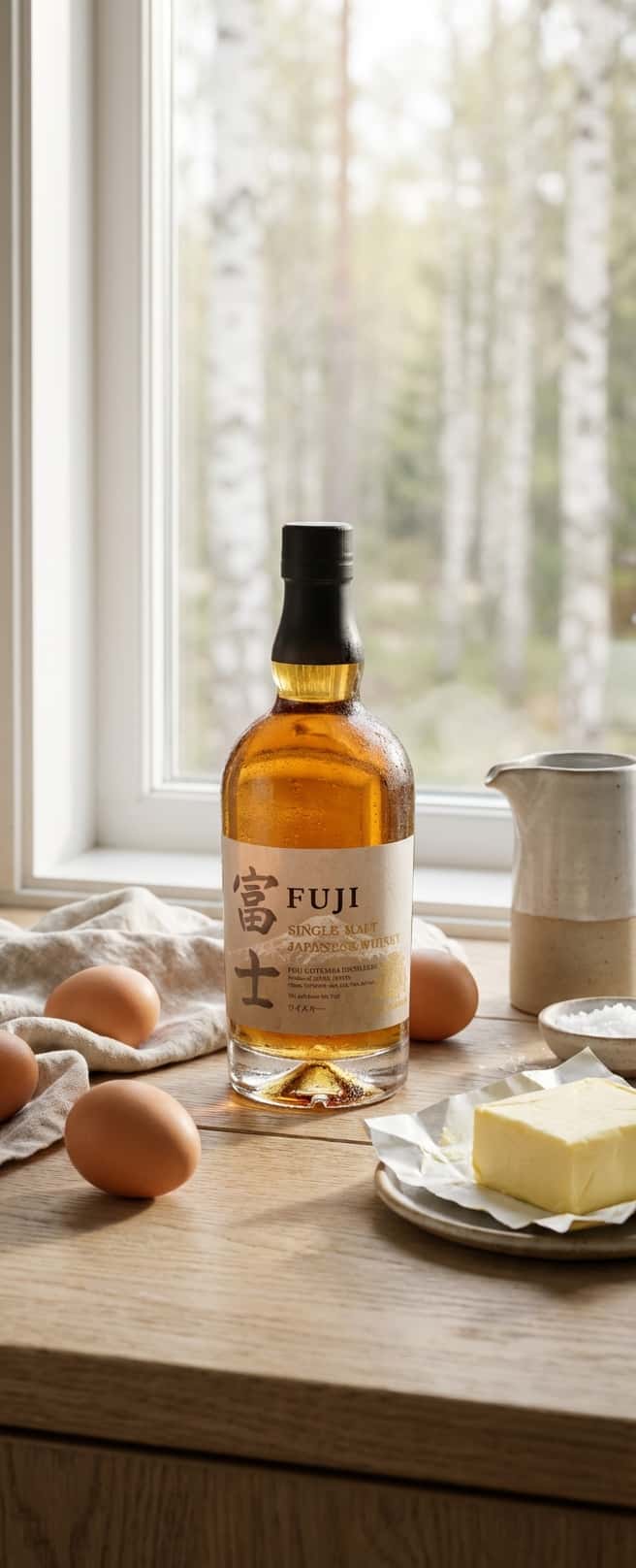 – flaske Fuji Japanese Whisky på trekjøkkenbenk med friske egg og smør rundt, nordisk morgenstemning (Fuji Single Malt J