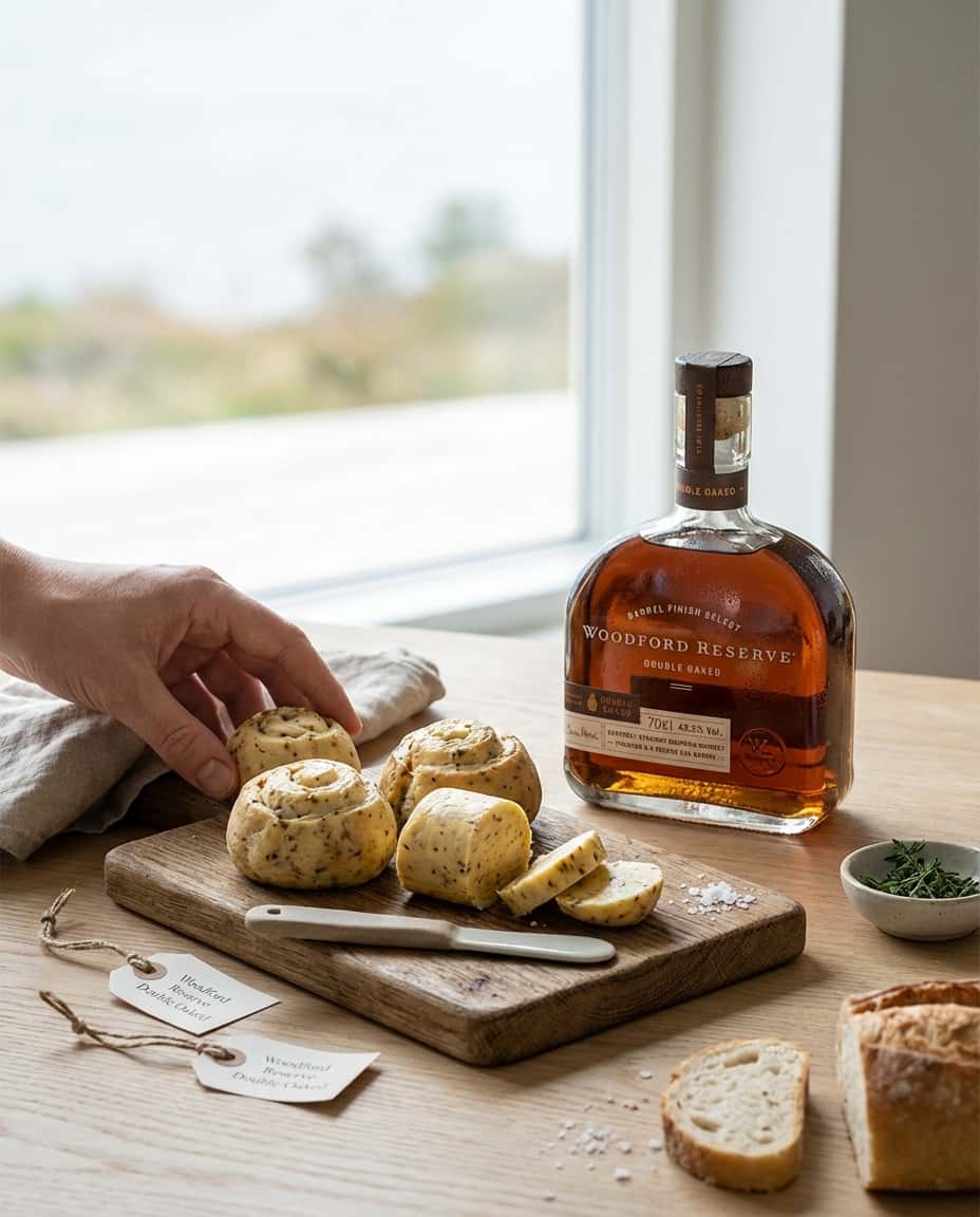 Tre ruller med whisky-smør på trevle, skåret i skiver, med etiketter som viser hvilken whisky som er brukt (Woodford Res