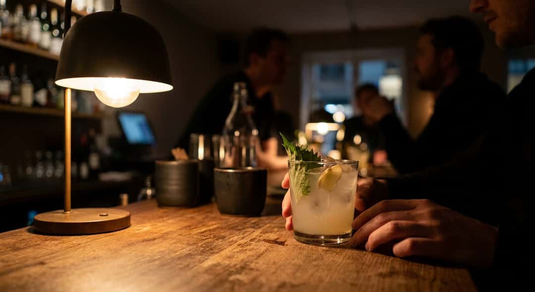 Lasi japanilaisinspiroitunutta yuzu-limonadia jäillä, tuoreilla shiso-lehdillä ja inkivääriviipaleilla, tarjoiltuna puisella ulkopöydällä kesällä