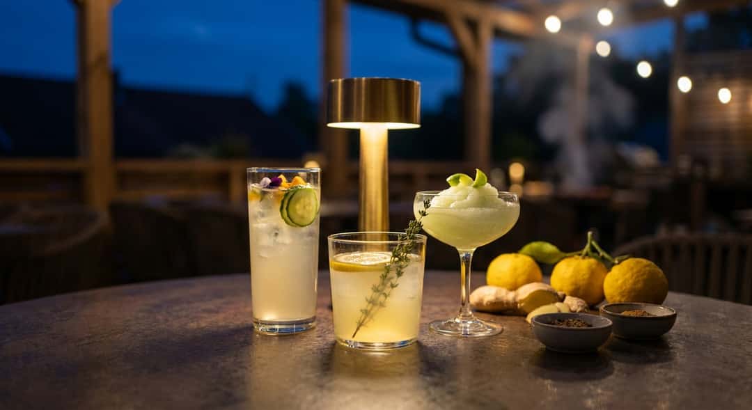 Kolme lasia eri yuzu-limonadi-varianteilla ulkopöydällä, grillisavua taustalla ja kesäinen tunnelma
